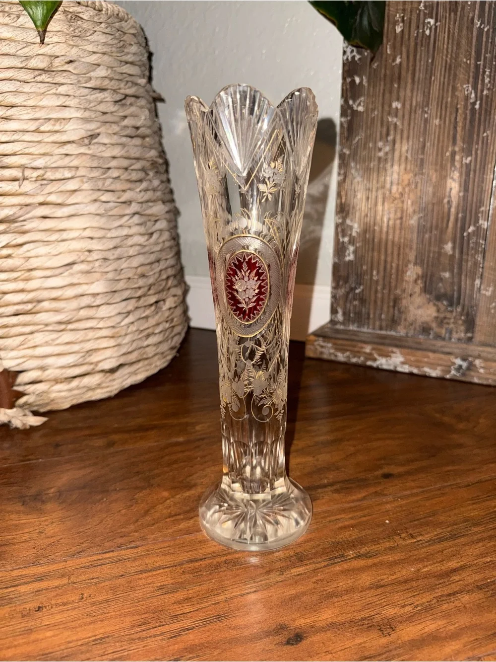 Vintage Bohemian Czech Crystal Vase Ruby Flash Gold Gilt Floral 10” Vase (Rare)